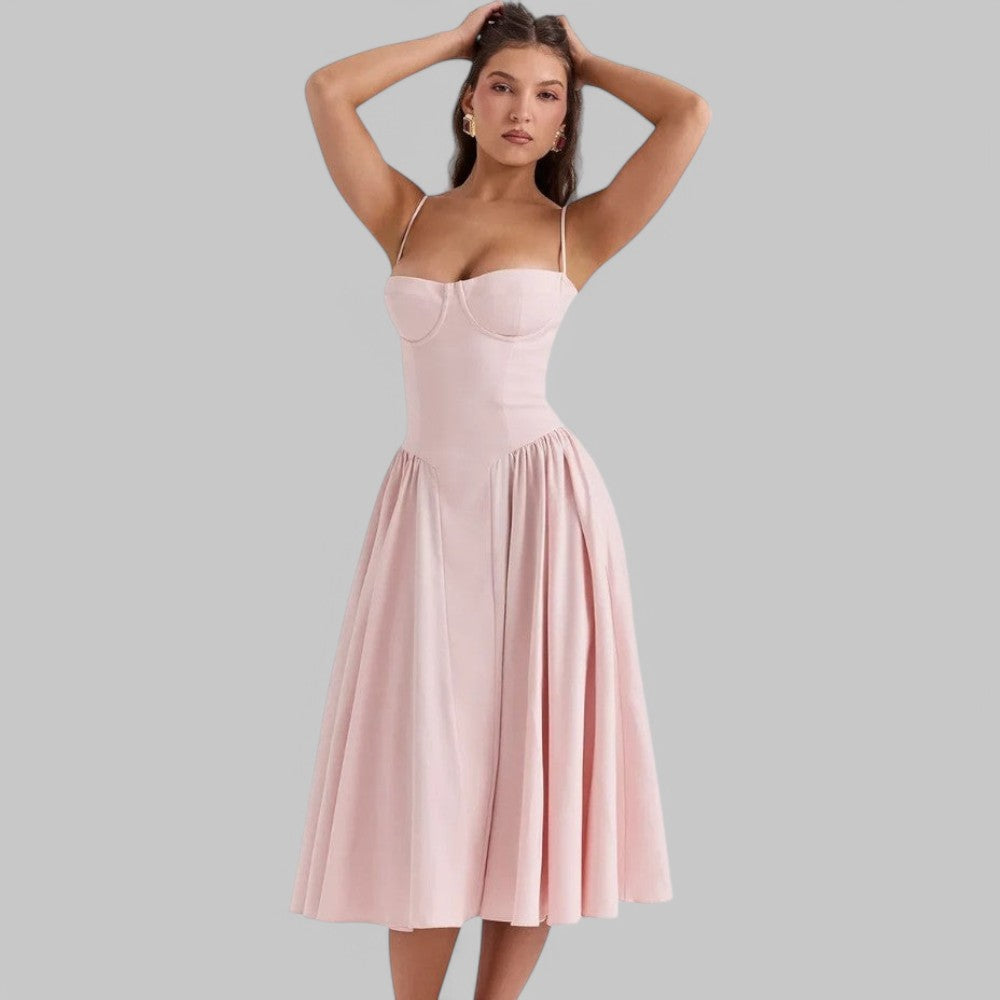 Fitted Pleated A-Line Corset Midi Dress