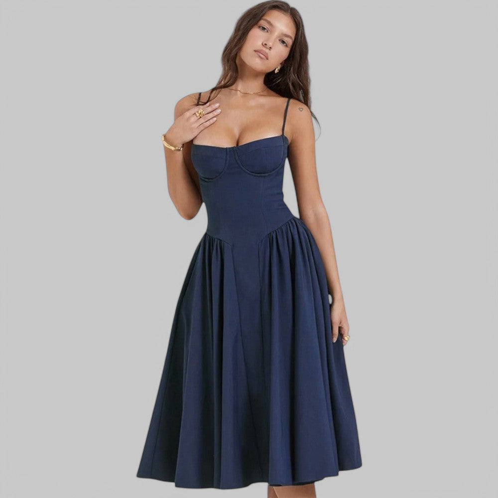 Fitted Pleated A-Line Corset Midi Dress