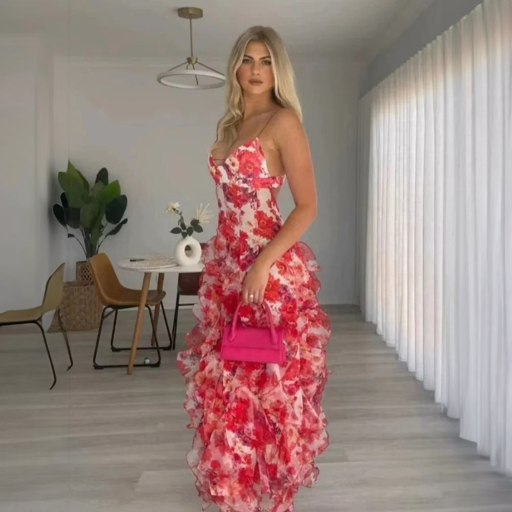 Backless Floral Chiffon Maxi Dress