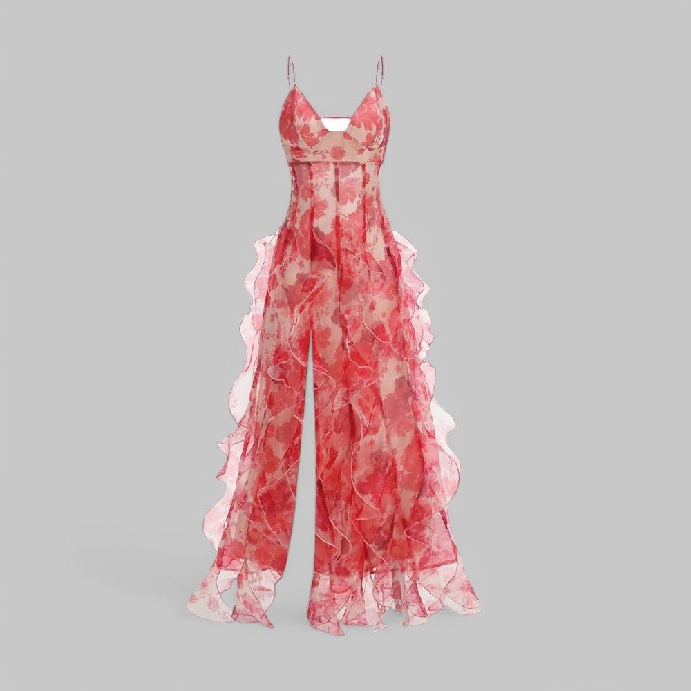 Backless Floral Chiffon Maxi Dress