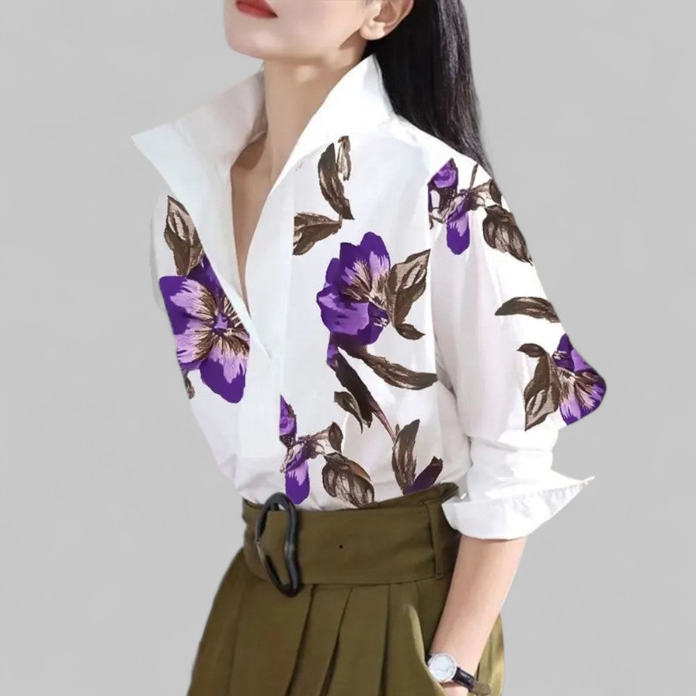 Luxe White Long Sleeve Flower Blouse